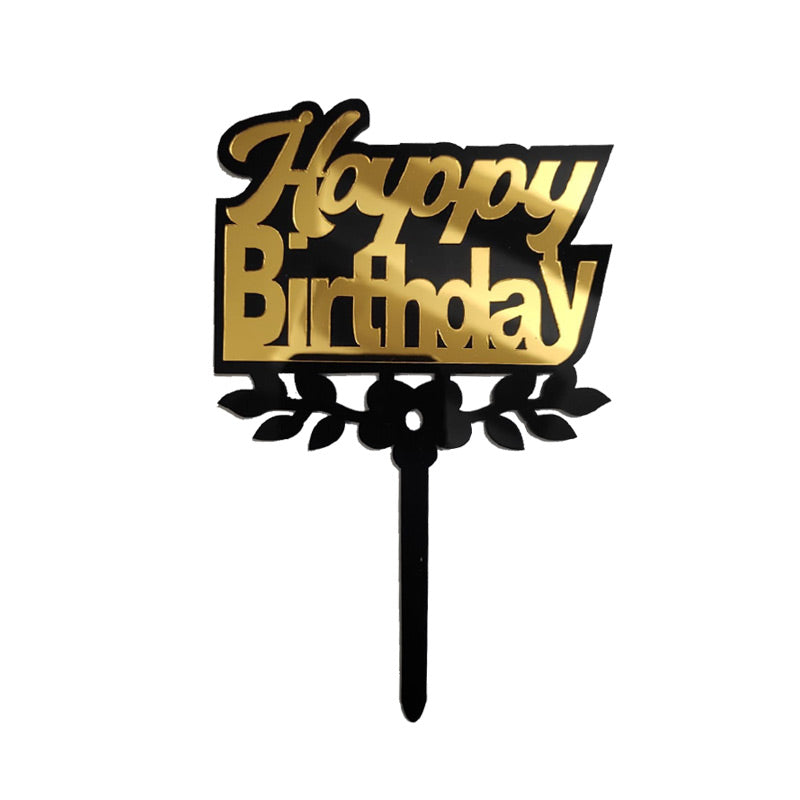 leaf-black-1 Happy Birthday Cake Topper Golden - Image 1